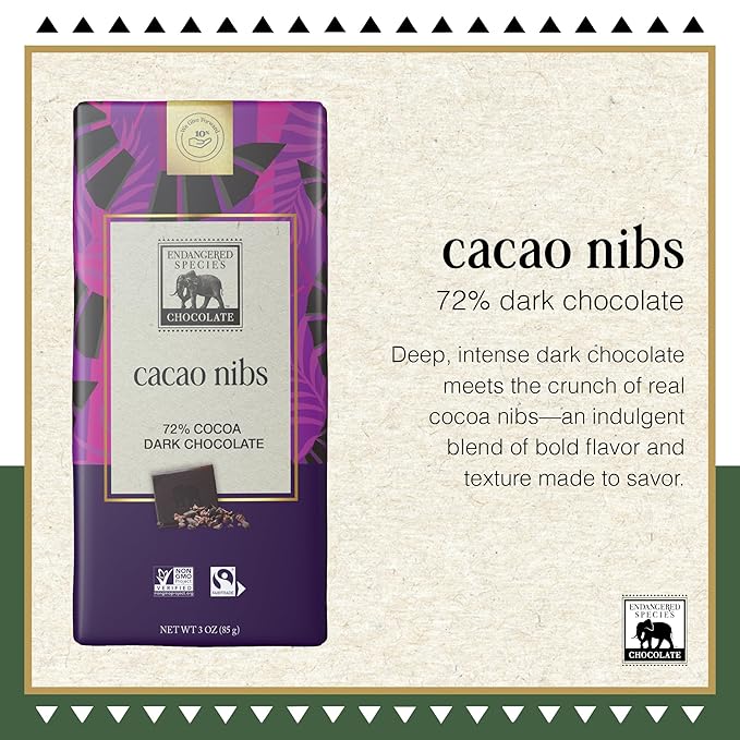 Endangered Species Dark Chocolate Bar with Cacao Nibs (72% cocoa)