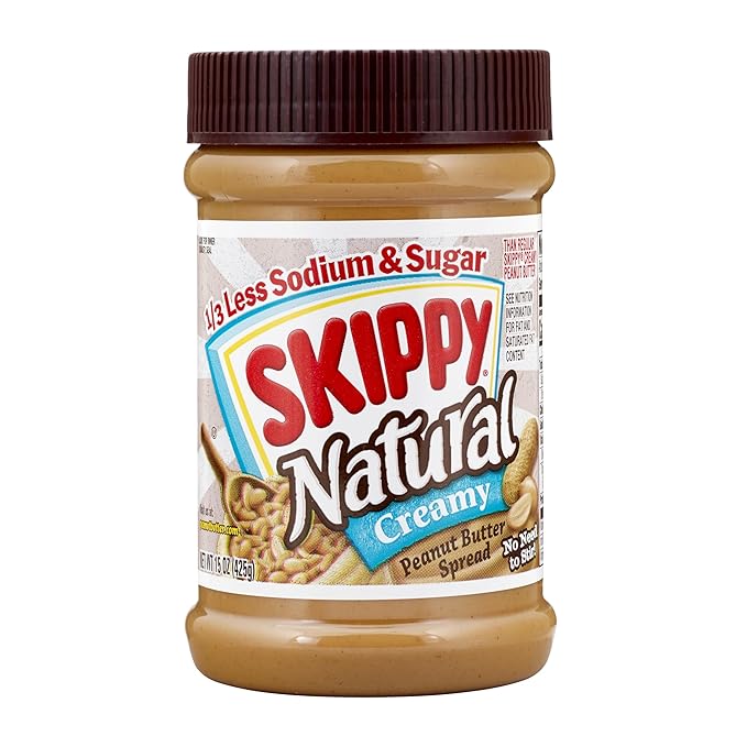 SKIPPY Natural Creamy 1/3 Less Sodium &amp Sugar Peanut Butter Spread 15 oz Jars (Pack of 12)– Gluten-Free 7g Protein per Serving