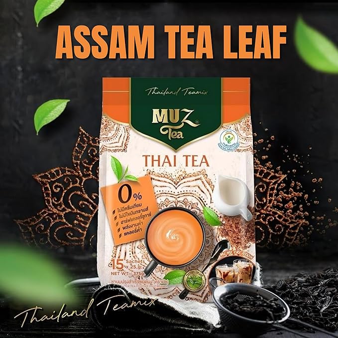 MuzTea Thai Tea Mix Milk Tea Powder 3 in 1 Instant Thai Tea Drink Packets Authentic Assam Tea Leaves For Hot Ice Tea No Artificial Color 15 Sachets (Thai Milk Tea)