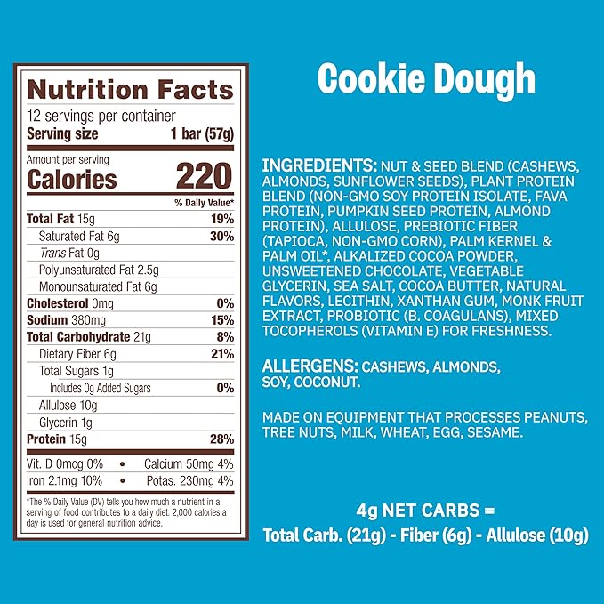 Munk Pack Cookie Dough Probiotic Keto Protein Bars | 15g Protein 1g Sugar 4g Net Carbs | Plant-Based Low Sugar Gut Health Snacks Gluten-Free Non-GMO | 12 Count