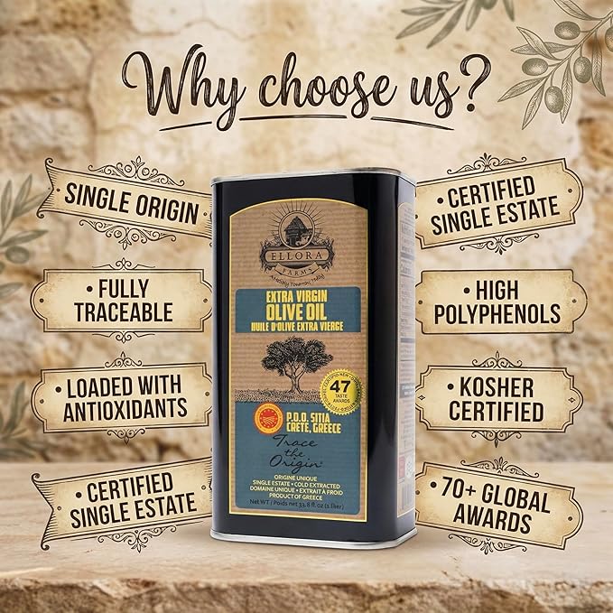 Ellora Farms Greek Extra Virgin Olive Oil Certified PDO SITIA Single Estate Single Origin High in Phenols Cold Press &amp Traceable Olive Oil Crete Greece Kosher 1 Lt Tin (33.8 oz.)
