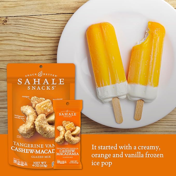 Sahale Snacks Tangerine Vanilla Cashew-Macadamia Glazed Mix 4 oz Pouches (6 Packs) - Dry-Roasted Deluxe Mixed Nuts with Mangoes &amp Madagascar Vanilla - Non-GMO Kosher &amp Certified Gluten-Free