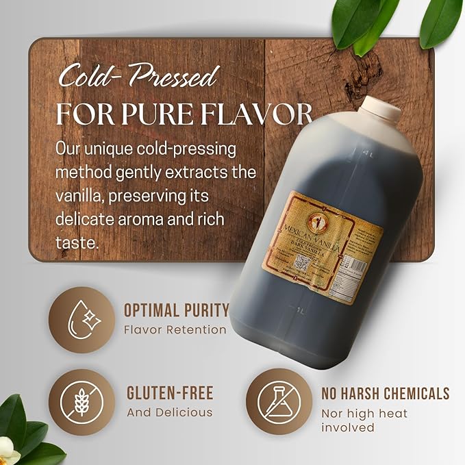 Pure Dark Mexican Vanilla Extract Gluten-Free Vanilla for Baking Cakes Cookies Desserts Coffee &amp Beverages (135.25 fl oz) – Natural No Coumarin Bold Flavor