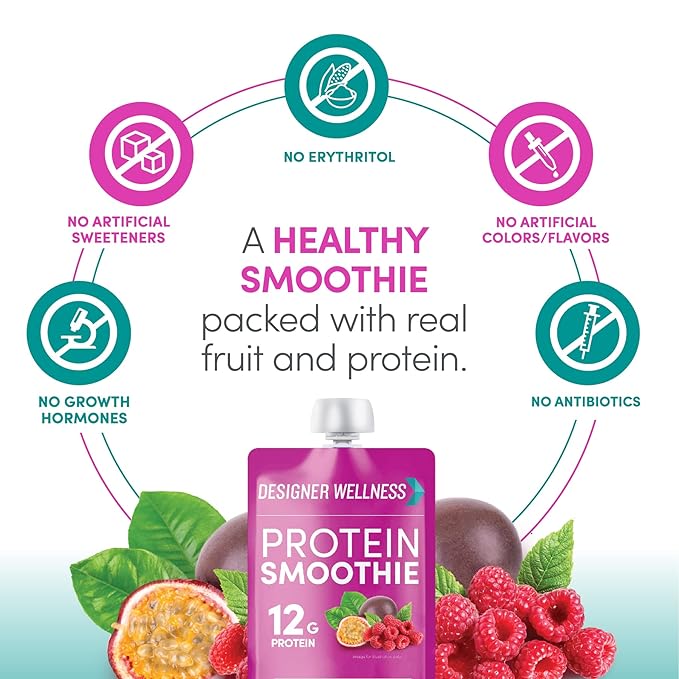 Designer Wellness Protein Smoothie Real Fruit 12g Protein Low Carb Zero Added Sugar Gluten-Free Non-GMO No Artificial Colors or Flavors Raspberry Passion Fruit 12 Count
