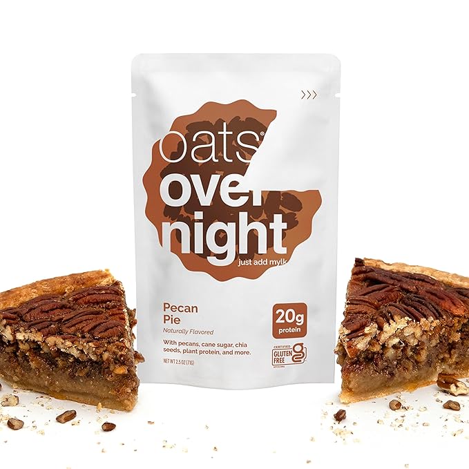 Oats Overnight Pecan Pie - Overnight Oats with 20g Plant-Based Protein High Fiber Breakfast Protein Shake - Vegan Gluten Free Oatmeal Non GMO High Protein Oatmeal (2.5 oz per Meal) (8 Pack + Bottle
