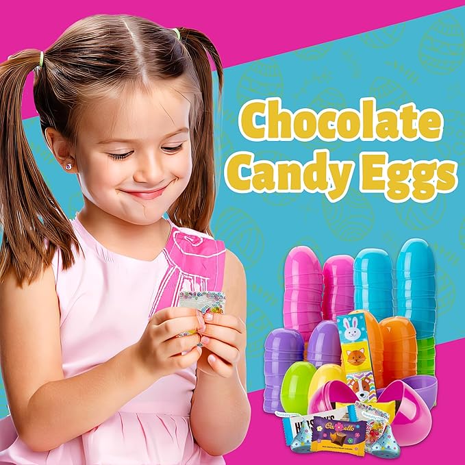 Prefilled Easter Eggs with Candy 50 Count Bulk Assorted Colors Plastic Eggs with Spring Themed Chocolate Candy Mix and Stickers for Egg Hunts Goodie Bags Basket stuffers for Kids Girls and Boys
