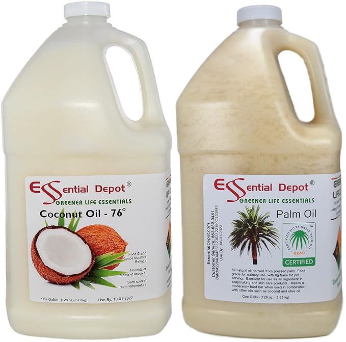 1 Gallon COCONUT Oil 76F + 1 Gallon RSPO Sustainable Not Hydrogenated PALM Oil Combination Pack - Food Grade - Safety Sealed Resealable HDPE Containers Microwave Safe (remove foil seal) Freezer Safe