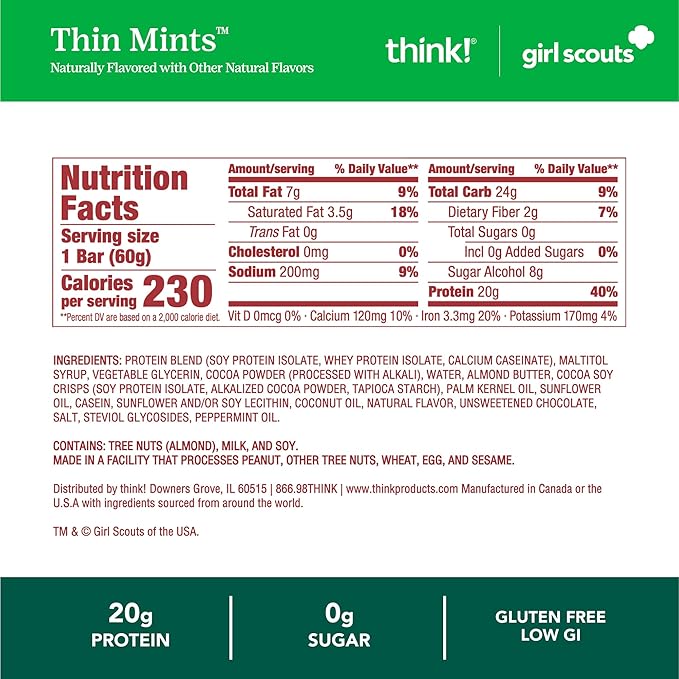 think! Protein Bars High Protein Snacks Gluten Free Kosher Friendly Girl Scouts Thin Mint Nutrition Bars 2.1 Oz per Bar 10 Count (Packaging May Vary)