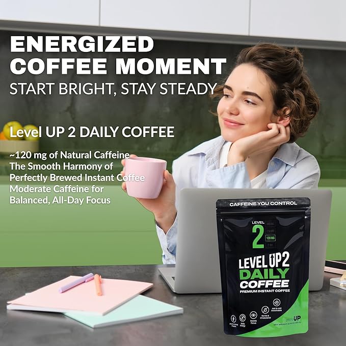 Level Up Premium Decaf Instant Coffee Sugar Free 30 Servings 10.58 oz (L2 - DAILY 120MG)