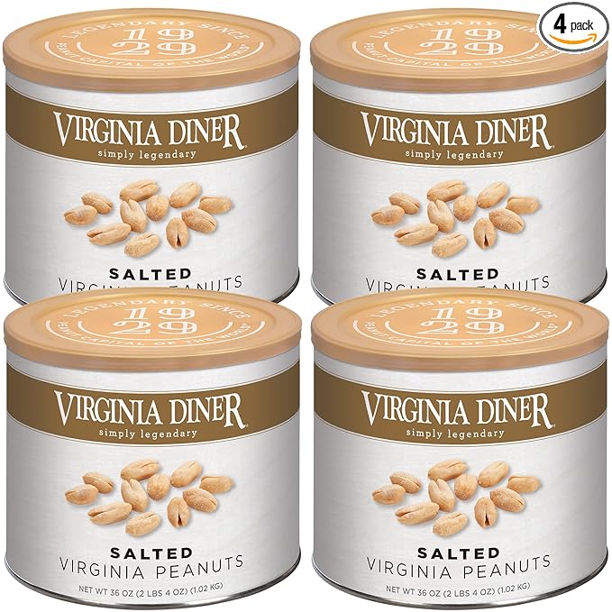 Virginia Diner Gourmet Extra Large Virginia Peanuts Blister Roasted Nuts All Natural Healthy Snack Gift 36oz (4 Pack) Salted