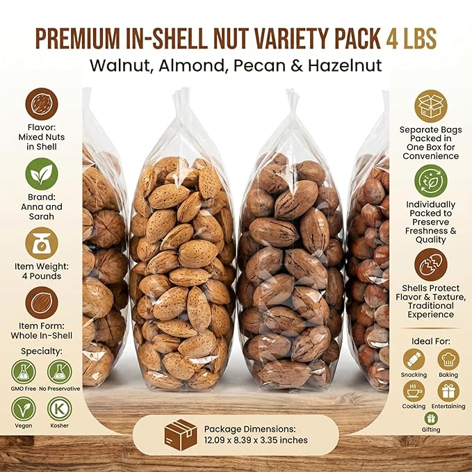 Premium In-Shell Nut Variety Pack 4 lbs Mixed Nuts in Shell Walnut Almond Pecan &amp Hazelnut Separate Bags Packed in One Box Fresh Whole Nuts