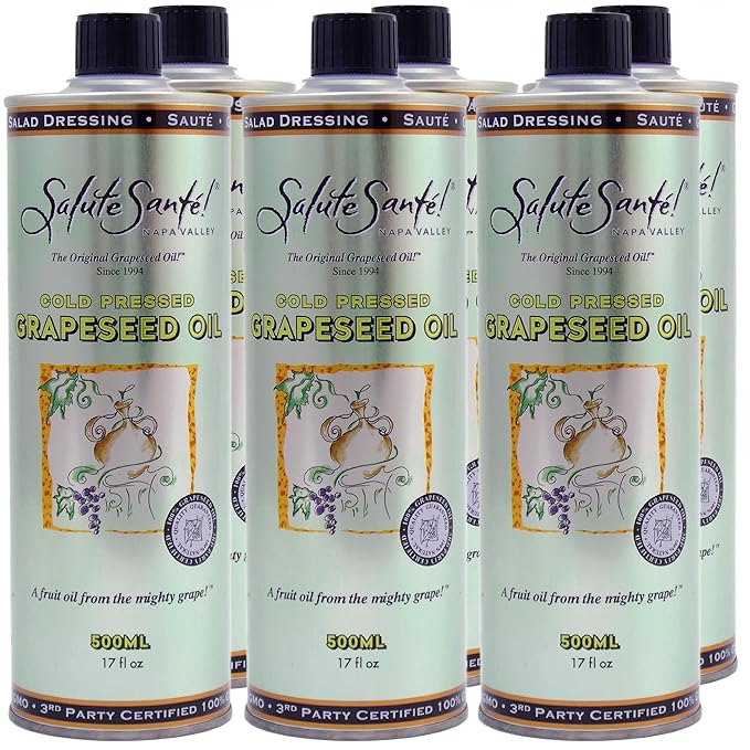 Salute Santé! Cold Pressed Grapeseed Oil – 500 ml 6-Pack — vegetable oil cooking oil grapeseed oil — High Smoke Point Neutral Flavor Ideal for Frying Baking &amp Salad Dressings