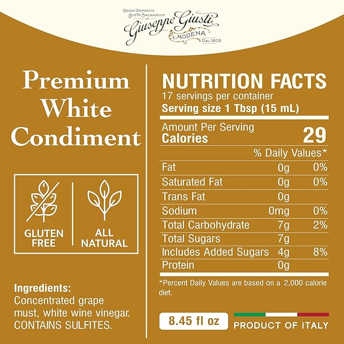 Giusti White Balsamic Vinegar Dressing – Condiment for Cooking and Finishing Dishes such as Salads Vegetables or Fish. Made in Italy with Balsamic Vinegar of Modena – 8.45 fl oz (250 ml) - Pack of 2