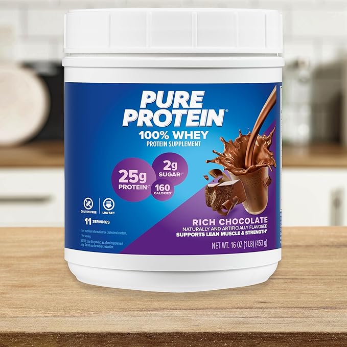 Pure Protein Powder Whey High Protein Low Sugar Gluten Free Rich Chocolate 1 lb