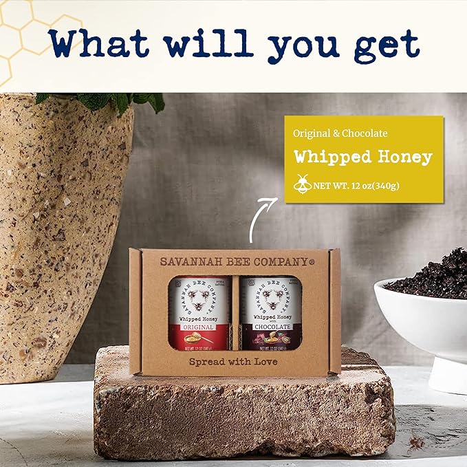 Whipped Honey Gift Set by Savannah Bee - Creamy Smooth Spreadable and absolutely Delicious - 100% Natural and Pure Honey - 12 Oz (Original &amp Chocolate)