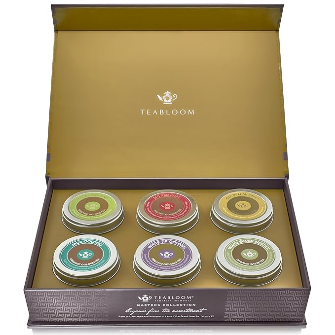 Teabloom Masters Collection - Six Rare Single-Origin Organic Loose Leaf Teas - Milky Oolong White Silver Needle Big Red Robe Golden Monkey Jade and White Tip Oolong