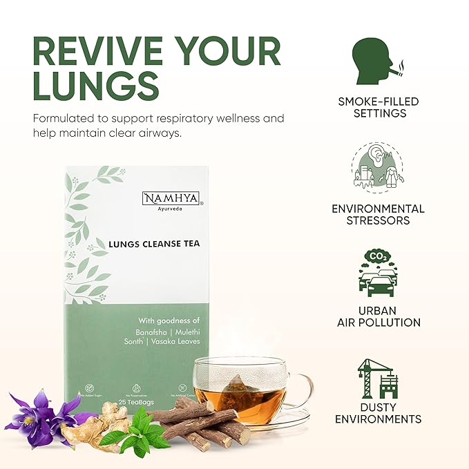 Namhya Ayurveda Lungs Cleanse Tea for Better Respiratory Health Clear Breathing Cough &amp Congestion - Herbal Lung Detox Tea with Tulsi Dry Ginger &amp Mulethi for Smokers – 25 teabags