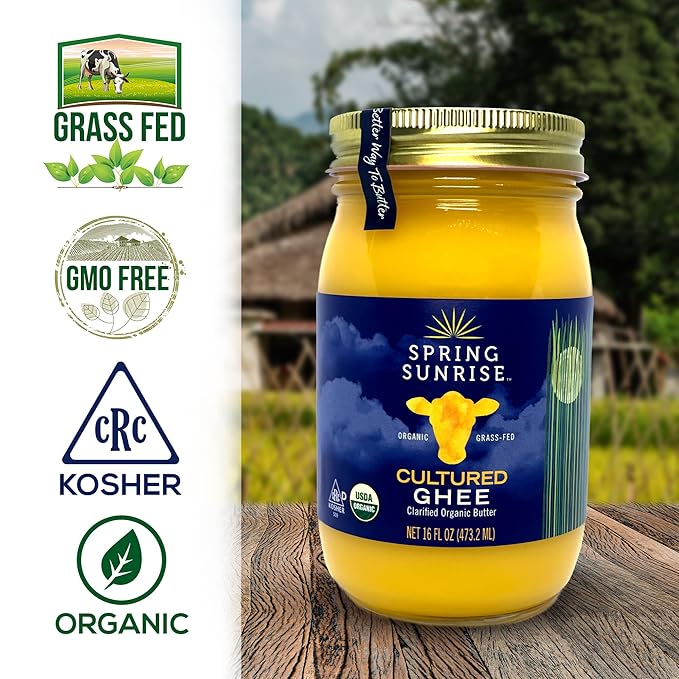 Spring Sunrise Grass Fed Organic Cultured Ghee - USDA Certified Clarified Butter - Keto &amp Paleo Friendly Non-GMO Gluten &amp Lactose Free Cooking Oil - Sustainably Sourced 16 oz Jar