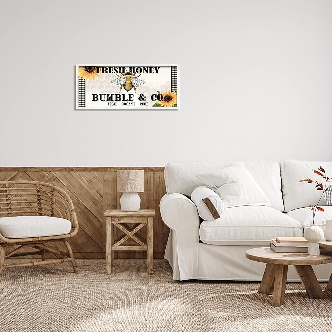Stupell Industries Fresh Honey Bumble &amp Co. Advertisement Sunflowers Bee White Framed Wall Art 30 x 13 Yellow