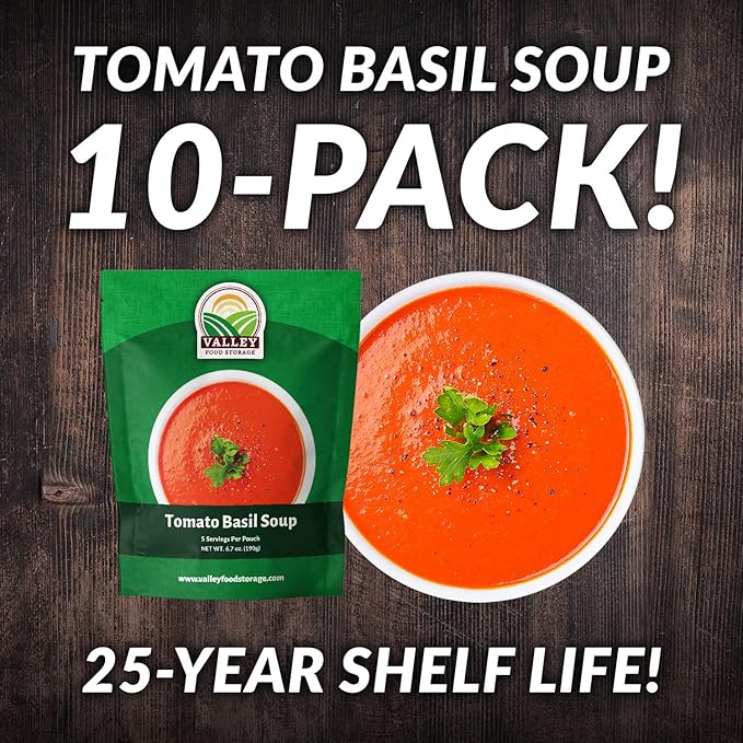 Valley Food Storage Tomato Basil Soup | 10-Bag Bucket 50 Servings | Premium Emergency Food Supply with 25 Year Shelf Life | Survival Meal Kits Prepper Food Camping &amp Off-Grid Living Supplies |