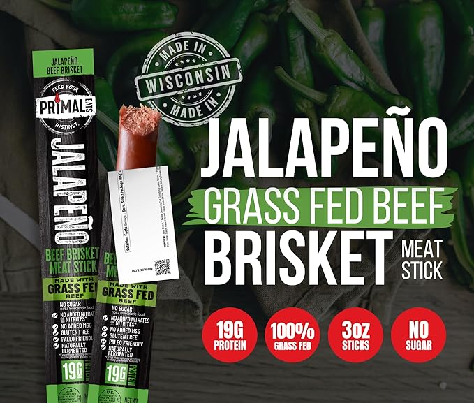 Primal Eats Jalapeno 100% Grass Fed Beef Brisket Meat Sticks 3oz 10-Pack - 19g Lean Meat Protein Keto Paleo Carnivore Gluten Free Zero Sugar Beef Jerky Snack Stick