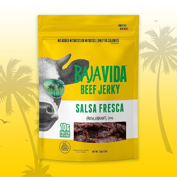 Baja Beef Jerky - 100% All Natural Beef Jerky Keto Jerky Gluten Free Low Calorie Craft Jerky 10g Protein per Serving No Nitrates or Added Hormones - Salsa Fresca 2.5 oz Bag (Pack of 4)