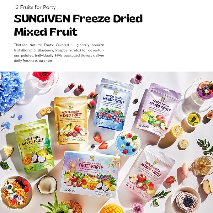 SUNGIVEN Freeze-Dried Fruit Party with 10+ Fruits Mixed Fruits Variety Pack of 5 Bag 7.06 oz Health Snack Fruit Crisps Freeze Dried Apple Strawberry Berries Lemon Coconut Fig Mango Pineapple No