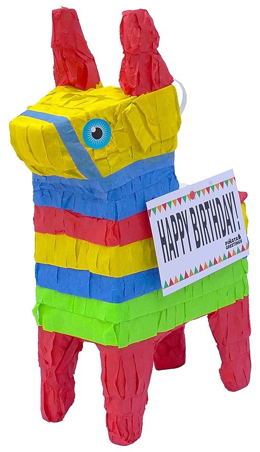 Cute 12” Donkey Pinata Pre-Filled with Assorted Quantities of Popular Candies and Attached Message Tag for Friends Family Children and More (Happy Birthday)