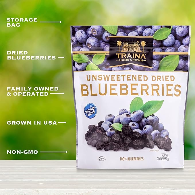 Traina Home Grown Unsweetened Dried Blueberries - Healthy &amp Non-GMO Natural Sweet Flavor With No Sugar Added Perfect Snack In Resealable Pouch (20 Oz)
