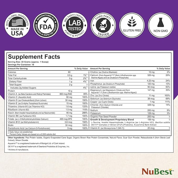 NuBest Tall Vanilla Plant-Based Protein Powder for Kids &amp Teens - Healthy &amp Immunity with Probiotics Omega 3-6-9 Vitamin D3 + K2 Calcium &amp Vitamins - 10 Servings | 2 Week Supply