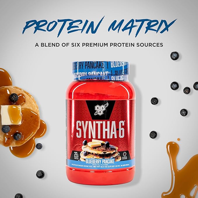 BSN SYNTHA-6 Premium Protein Powder with 6g of Fiber Whey Protein Micellar Casein Milk Protein Isolate Blend 5g Fat Blueberry Pancake 28 Servings (Packaging May Vary)