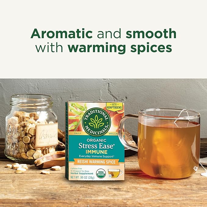 Traditional Medicinals Tea Organic Stress Ease Immune with Adaptogens Everyday Immune Support Reishi Warming Spice 96 Tea Bags