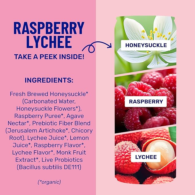NEW! wildwonder Sparkling Probiotic Drink 12pk For Gut Health &amp Immune Support Raspberry Lychee 5g Prebiotic Fiber Live Probiotics Organic Vegan Low Sugar 12 Pack 12oz Can Seen on Shark