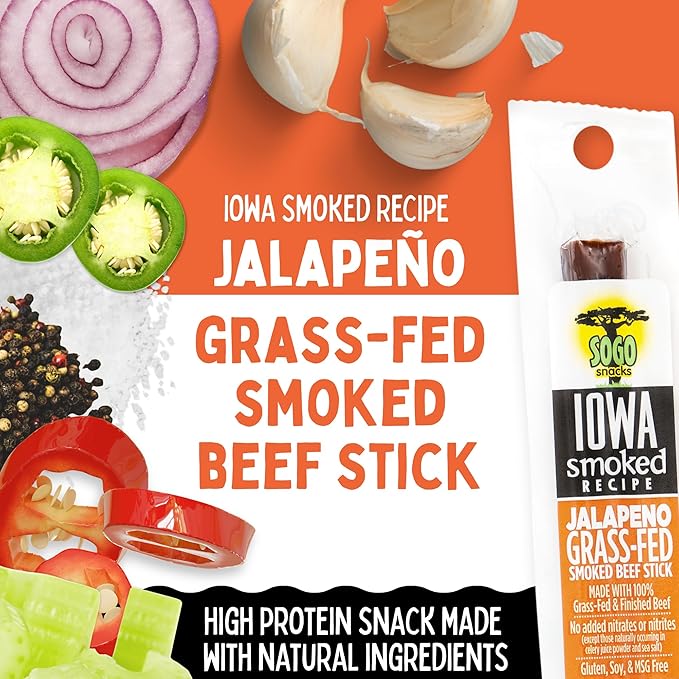 Jalapeño - Iowa Smoked Recipe Sogo Snacks Sugar Free Beef Jerky Non-GMO Grass Fed Beef Sticks. No Nitrates Gluten Soy MSG Dairy or Nuts. Paleo Whole30 &amp Keto Snack (Jalapeno-ISR 12 Cnt)