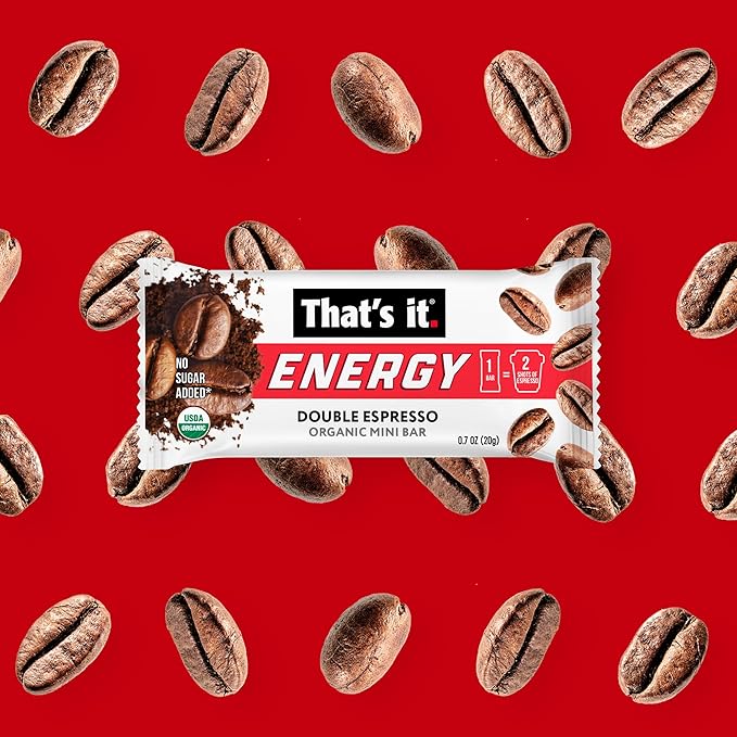 That’s it. Organic Energy Coffee Mini Bars - (1 Mini Bar = 2 Espresso Shots) Grab and Go No Added Sugars Non-GMO Caffeine Power Snack Kosher Allergy Friendly (Double Espresso - 15 Count)