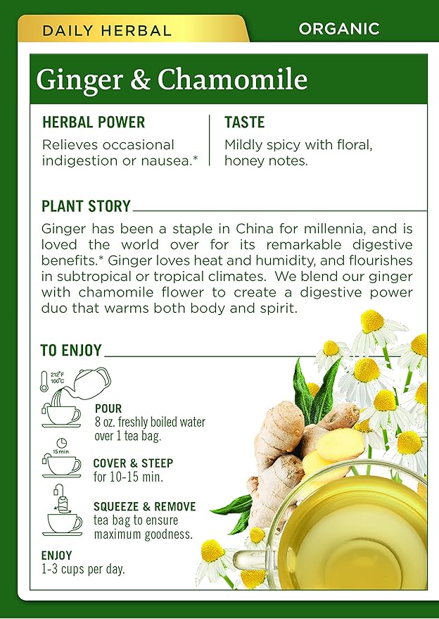 Traditional Medicinals Organic Ginger &amp Chamomile Herbal Tea Relieves Occasional Indigestion or Nausea (Pack of 3) - 48 Tea Bags Total
