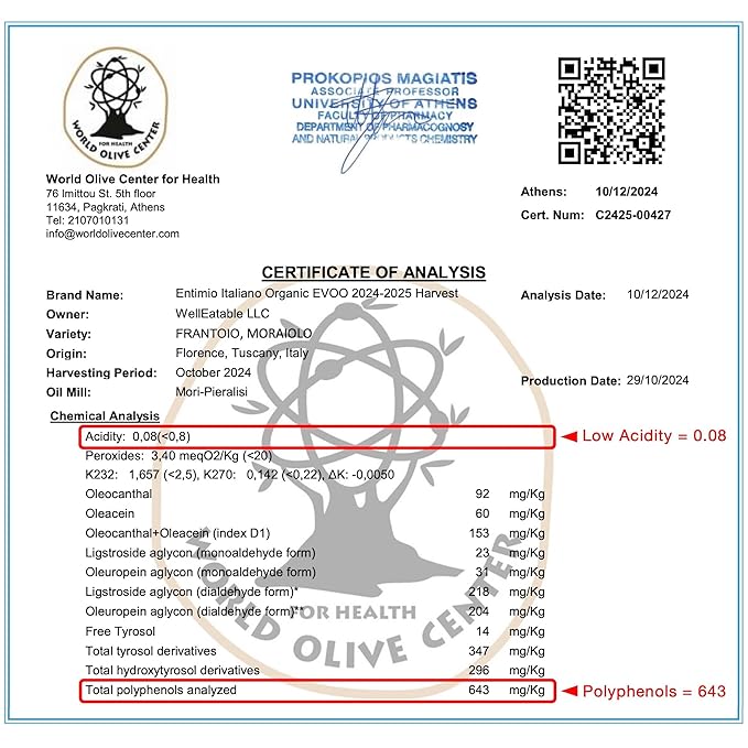 Entimio Italiano Organic Italian Extra Virgin Olive Oil from Italy 500+ mg/kg High in Polyphenols 2025 Gold Winner Tuscany evoo Cold Extracted Lab Tested for Drinking Cooking and Finishing