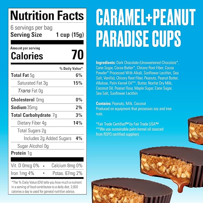 SkinnyDipped Caramel Peanut Paradise Cups 2g Sugar per Cup Gluten Free Low Carb Snack 3.2oz Resealable Bags 6 Count (Pack of 4)