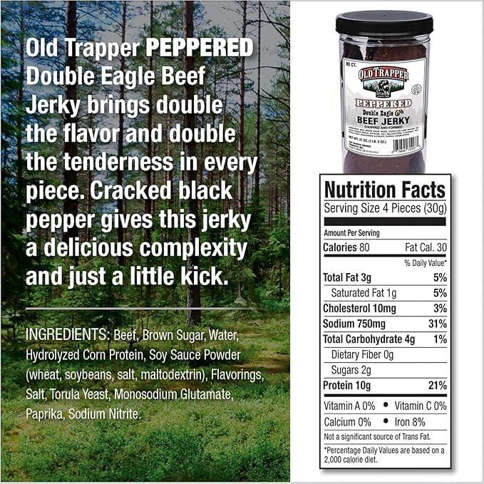 Old Trapper Double Eagle Beef Jerky Peppered Flavor 21oz. 80-Piece Jar Natural Wood Smoked Meat Snacks 10 Grams of Protein and 80 Calories per Serving (Pack of One)