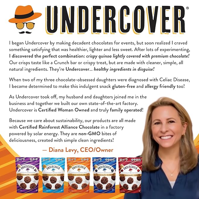 Undercover Snacks Chocolate Quinoa Crisps - Variety Sampler Pack | 7-Pack 3oz Bags of Mini Crisps | Gluten Free Nut-Free Allergen Friendly Kosher