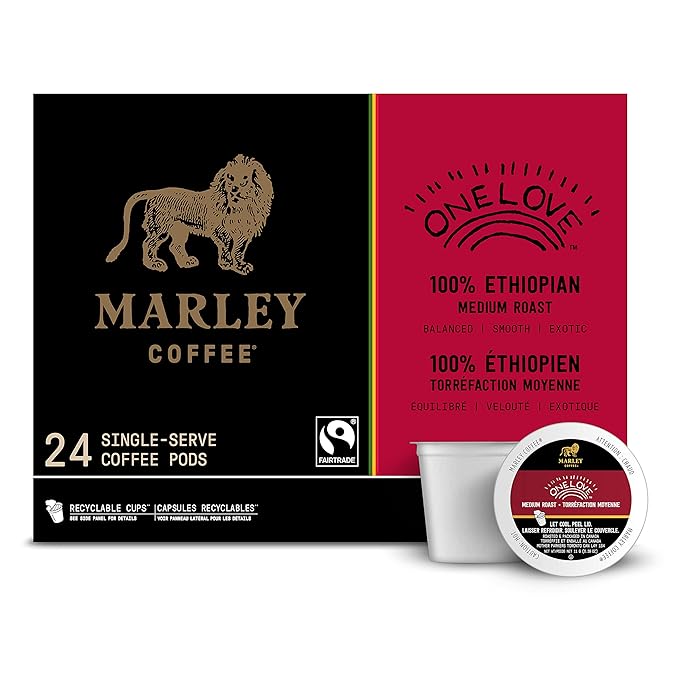 Marley Coffee One Love 100% Ethiopian Medium Roast Coffee Keurig K-Cup Brewer Compatible Pods 24 Count