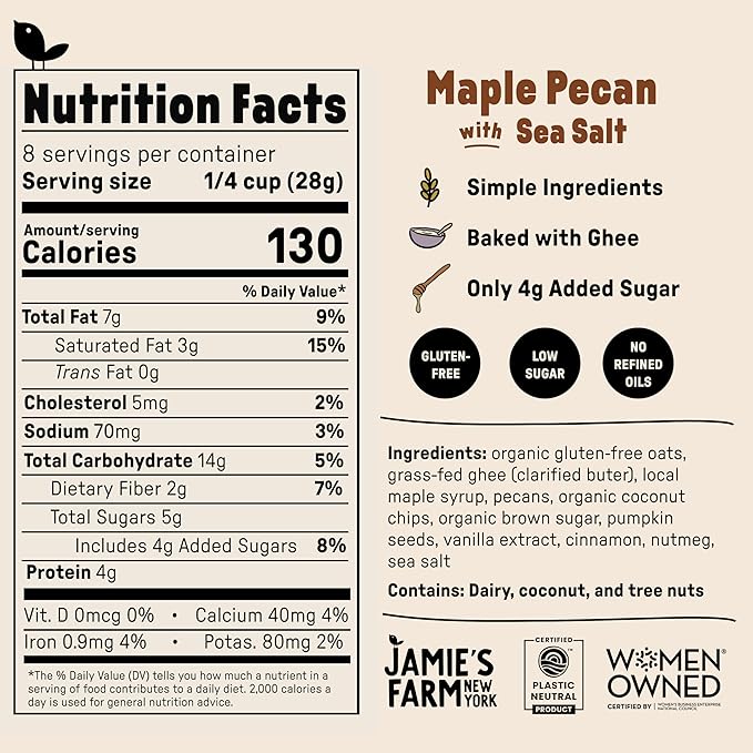 Jamie's Farm New York Maple Pecan Granola with Sea Salt (3 pcs) - Gluten Free Organic Granola Cereal Low Sugar | Baked w/Grass-fed Ghee | Maple Flavor Healthy &amp Gluten Free Snack - 8oz/pcs