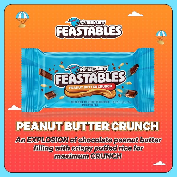 Feastables MrBeast Peanut Butter Milk Chocolate Crunch Chocolate Bar Full Size Bar for Adults &amp Kids Candy Bars Snacks Gifts Dessert Fairtrade Cocoa 1.24 Oz Ea 24 Count