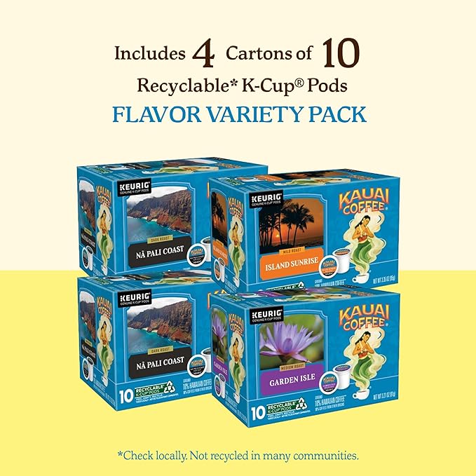 Kauai Coffee K-Cup Pods for Keurig Brewers – Arabica Coffee 10% Hawaiian – Mild Medium and Dark Roast Rich Smooth No Bitterness – Three Flavors 4 Packs of 10 Single Serve K-Cups