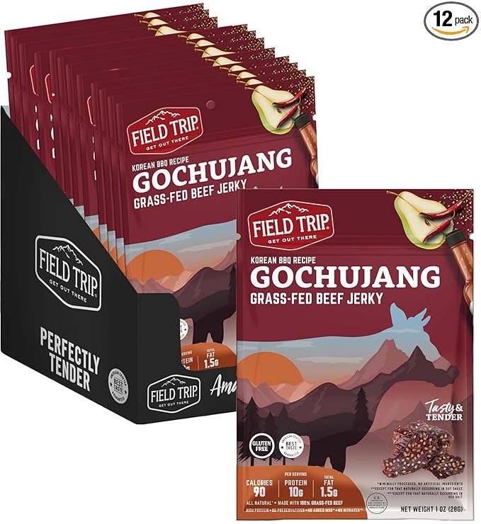 Field Trip Grass Fed Beef Jerky Healthy Gluten Free Snacks All Natural Paleo-Friendly Beef Jerky High Protein Low Carb Snack with No Nitrates 1oz Bag 12 Pack Gochujang Korean BBQ