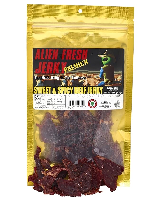 Alien Fresh Jerky | Top Trio | Sweet And Spicy - Abducted Cow Pineapple Teriyaki - Whiskey | - Variety Pack - Premium Beef - Low Calorie Snack - The Best Jerky In The Universe - Made In USA 3 Pack Sam