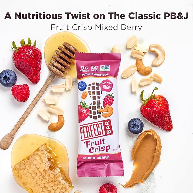 Perfect Bar Protein Bars Fruit Crisp Mixed Berry Nut Butter Gluten Free Made with Organic Honey Peanut Butter Cookie Dough Texture Refrigerated 1.9 Oz Bars 10 Count