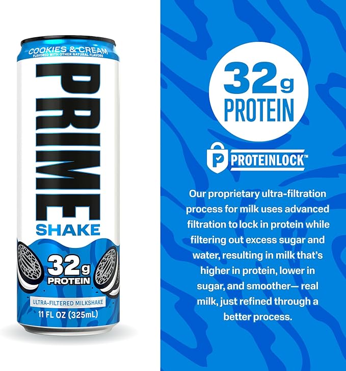 PRIME Shakes Cookies &amp Cream 32g Protein Shake for Muscle Support &amp Recovery Ultra-Filtered Milk Lactose Free Low Sugar Low Calorie Ready to Drink 11 fl oz 12 Pack