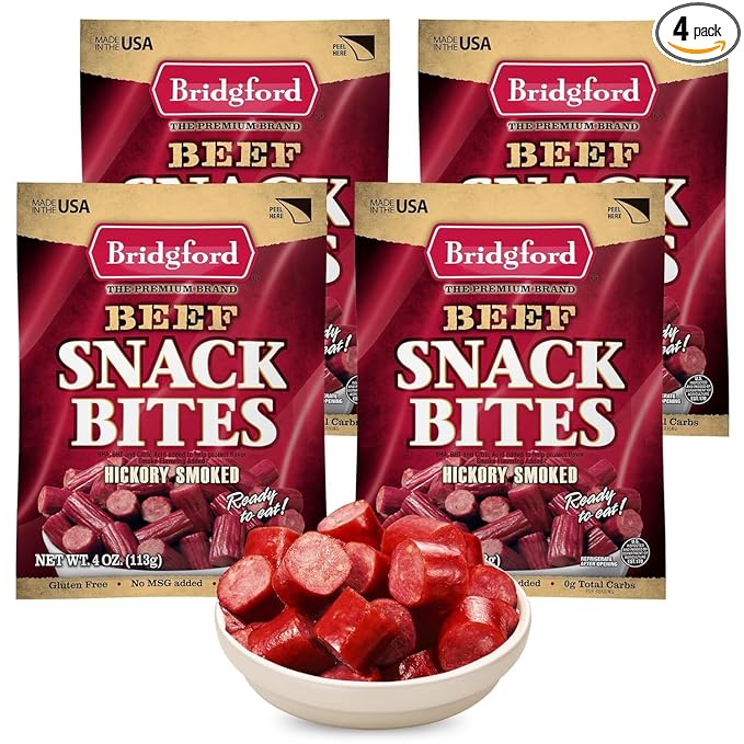 Bridgford Beef Snack Bites 4 oz Pack of 4 - Ready-to-Eat Snacks for On-The-Go Snacking - Gluten-Free Zero Carbs Meat Snacks for Adults - Keto Beef Snack Bites for Your Keto Diets