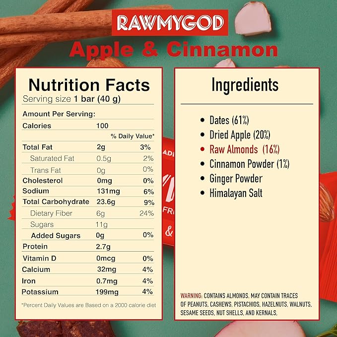 RAWMYGOD Fruit and Nut Bars Gluten Free Vegan No Added Sugar (16 bars Apple &amp Cinnamon)